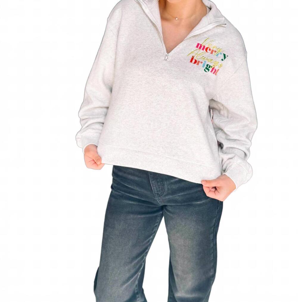 NEW SIMPLY SOUTHERN girl's very merry always bright quarter zip pullover in grey